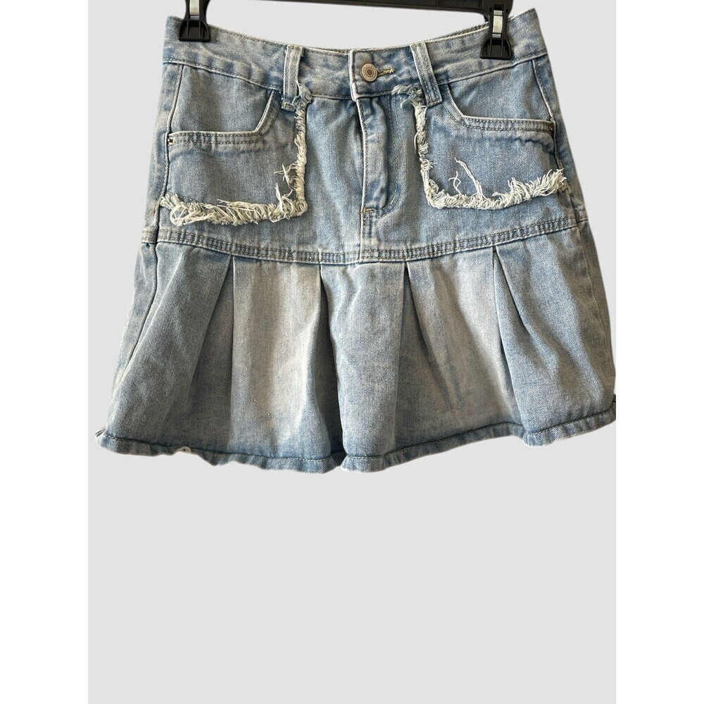 Women’s Denim Pleated Skirt Y2K Fringed Pockets Stretch Sz Medium Cotton Viscose - Picture 2 of 7